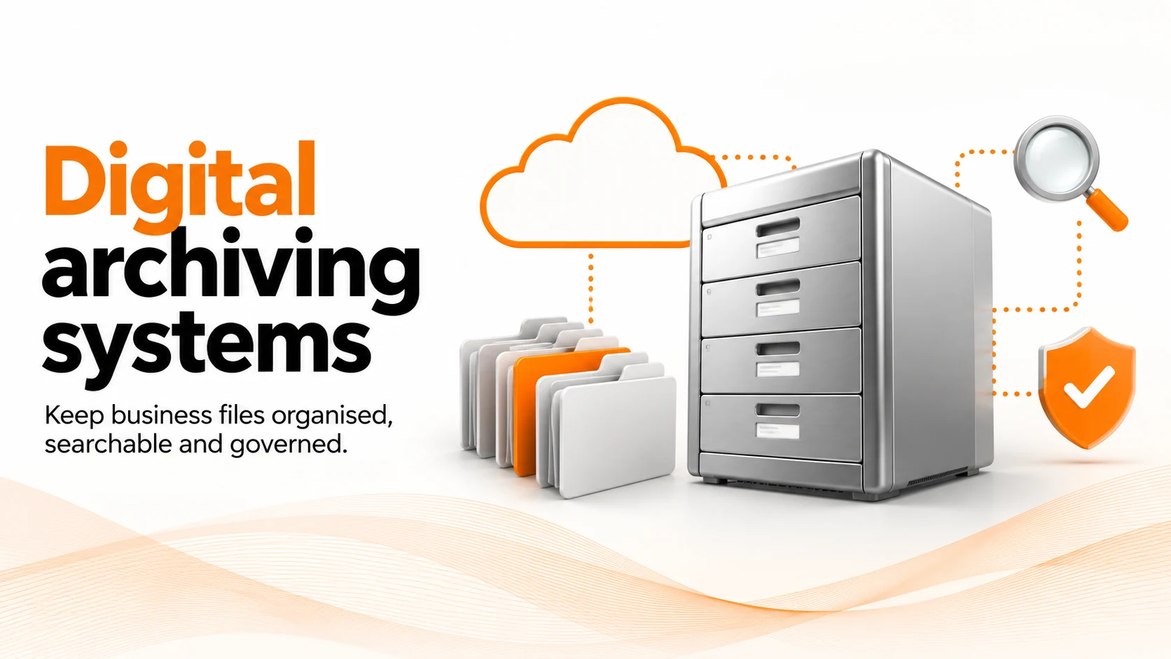 Digital archiving system illustration showing organised folders, archive storage, search and access protection.