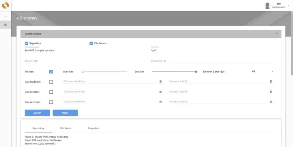 ShareArchiver eDiscovery search interface for archived enterprise files